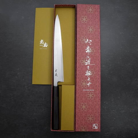 Yanagiba Blue Steel #2 Suminagashi Manche en Buffle et Ébène 240mm-[Musashi]-[Couteaux de cuisine japonais]