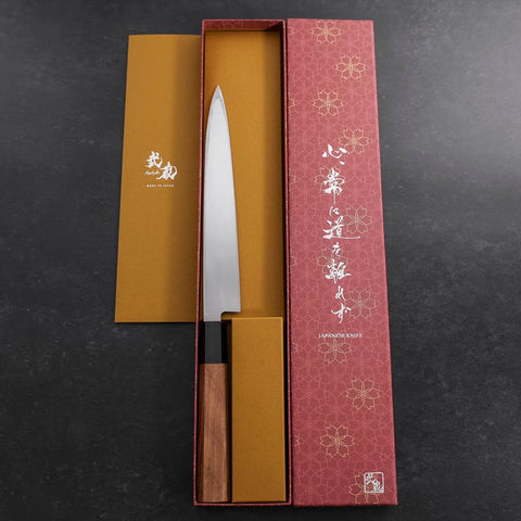 Yanagiba Gaucher AUS-10 Poli Manche en Buffle et Bois de Teck 210mm-[Musashi]-[Couteaux de cuisine japonais]