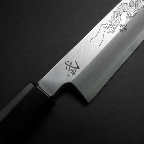 Yanagiba White Steel #2 Kasumi Chokin Argent Dragon Manche en Buffle et Ébène 240mm-[Musashi]-[Couteaux de cuisine japonais]