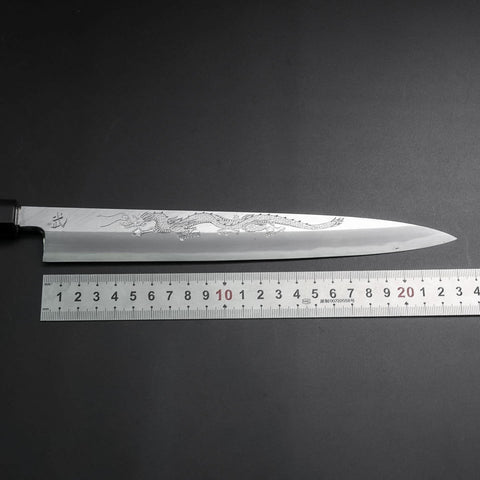 Yanagiba White Steel #2 Kasumi Chokin Argent Dragon Manche en Buffle et Ébène 240mm-[Musashi]-[Couteaux de cuisine japonais]