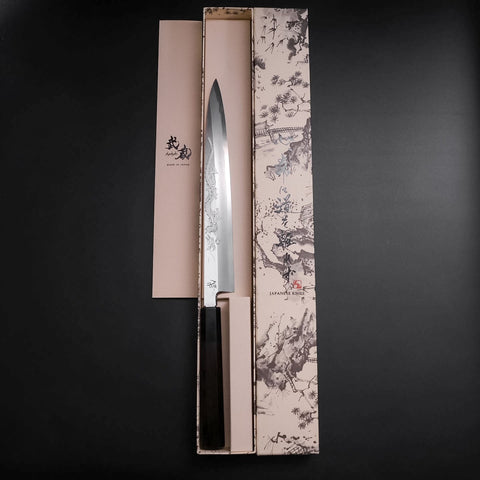 Yanagiba White Steel #2 Kasumi Chokin Argent Dragon Manche en Buffle et Ébène 240mm-[Musashi]-[Couteaux de cuisine japonais]