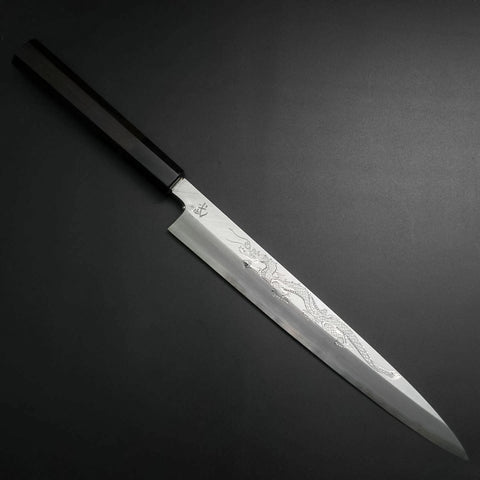 Yanagiba White Steel #2 Kasumi Chokin Argent Dragon Manche en Buffle et Ébène 240mm-[Musashi]-[Couteaux de cuisine japonais]