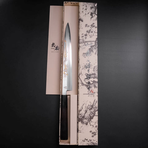 Yanagiba White Steel #2 Kasumi Chokin Dragon Manche en Buffle et Ébène 240mm-[Musashi]-[Couteaux de cuisine japonais]