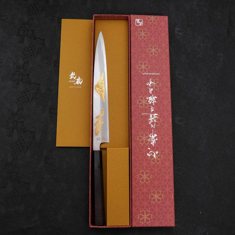 Yanagiba White Steel #2 Kasumi Chokin Sakura-Fuji Manche en Buffle et Ébène 240mm-[Musashi]-[Couteaux de cuisine japonais]