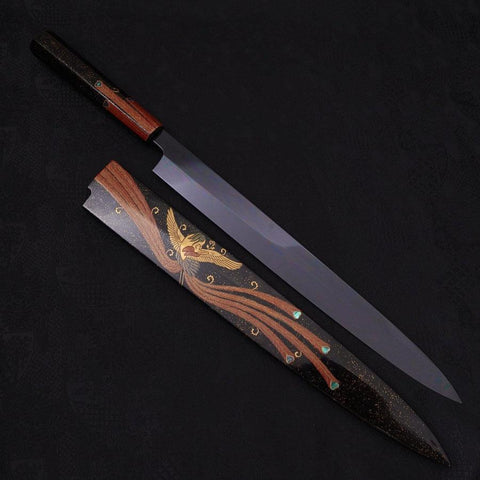 Yanagiba White Steel #2 Lune Noire Miroir-Fuji Sui-Honyaki Manche Urushi avec Fourreau Urushi 330mm-[Musashi]-[Couteaux de cuisine japonais]
